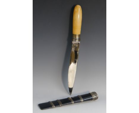 A Burmese dha short sword, 22cm pointed single-edged blade, ivory grip, silver coloured metal bound hardwood scabbard, 37cm l