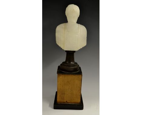 A 19th century Grand Tour alabaster portrait bust, of a gentleman of antiquity, turned socle, pedestal base, 34cm high