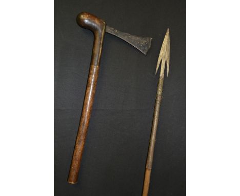 Tribal Art - an African spear, 15cm barbed pointed head, hardwood shaft, 158cm long overall, probably Ngbandi, Congo, 19th ce