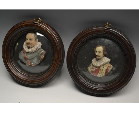 A wax portrait of Sir Francis Drake, bust-length, 8.5cm long, circular frame, 16cm diam overall; another, similar (2) 