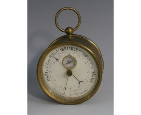 A 19th century French travelling barometer and compass, 6cm register, 9.5cm over loop, c.1890