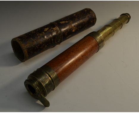 A 19th century brass and mahogany three-draw telescope, by L & A Balerna, Halifax, shuttered aperture to eyepiece and objecti