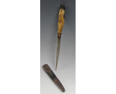 A 19th century taxidermy mounted hunting dagger, 15cm pointed double-edged blade, deer hoof grip, leather scabbard fashioned 