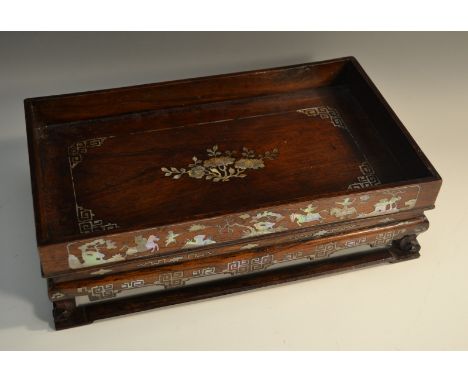 A Chinese hardwood and mother-of-pearl marquetry rectangular scholar's tray, inlaid with soldiers on horseback, pagodas, flow
