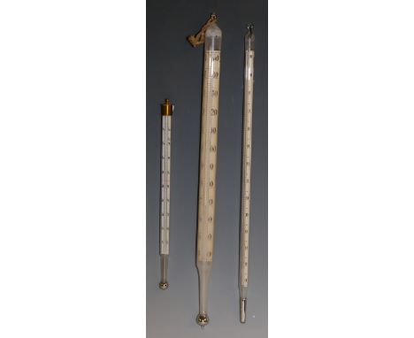 An early 20th century German mercury hydrometer, the scale marked 1800 to 2000 specific gravity, 24.5cm long, cardboard tube,