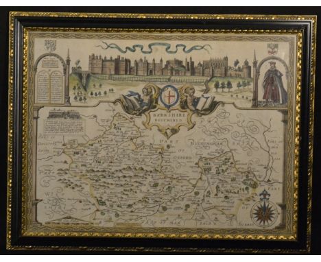 John Speed (1552-1629), a two-fold map, Barkshire (sic) [Berkshire], inset view of Windsor Castle flanked by the royal arms, 