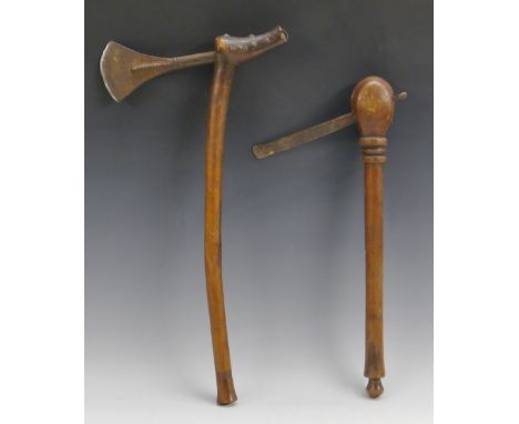 Tribal Art - an African axe, possibly Nigerian, iron fan shaped blade, hooked terminal applied with copper studs, 51cm long, 