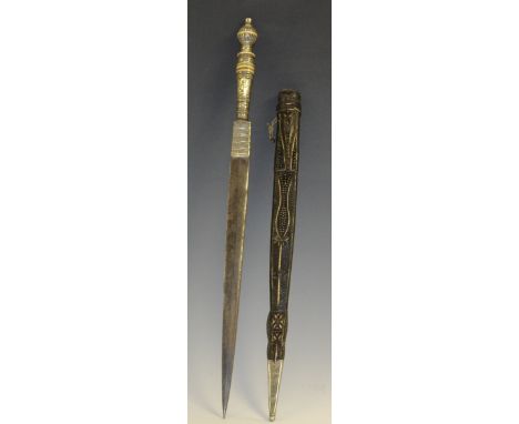 An North African/Ottoman dagger, 29.5cm straight pointed double-edged blade, white metal and ivory grip with inlaid copper ba