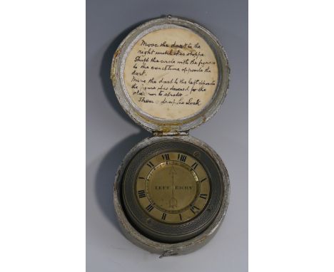 A 19th century travelling timer, 4.5cm circular brass dial with Roman chapter and inscribed Left/Right, engine turned case, 6