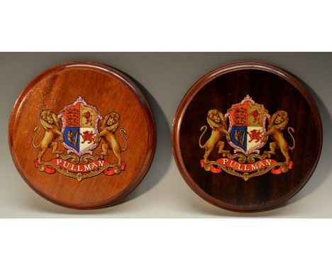 Railwayana - two 'coach panel'  roundels, each applied with the unauthorised coat of arms of the Pullman company (being Engla
