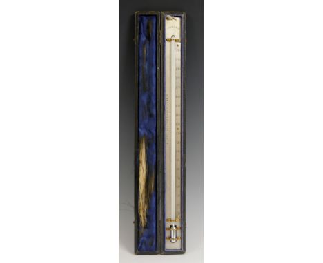 A Victorian silvered Standard thermometer, by J Long, 20 Little Tower St, London, mercury cistern, 38cm long, morocco case, c