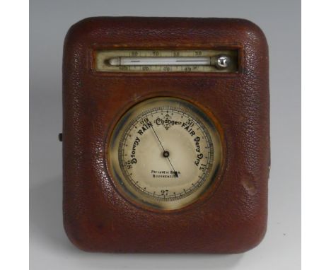 A Victorian morocco leather easel combination desk barometer and thermometer, 4cm silvered register inscribed Primavesi Bros,