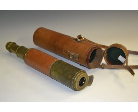 An early 20th century three-draw telescope, leather carrying case, 87.5cm long extended