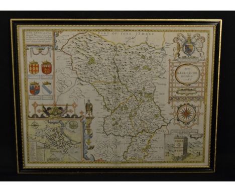 After John Speed (1552-1629), a two-fold map, Darbieshire (sic) [Derbyshire], 1676 edition, hand-coloured engraving, 40cm x 5