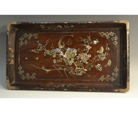 A Chinese hardwood and mother-of-pearl marquetry rounded rectangular scholar's tray, inlaid with fanciful birds, butterflies,