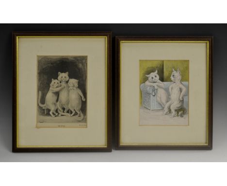 Louis Wain,  by and after, The Rivals, monochrome print, 17.5cm x 22.5cm;  another, polychrome, 17.5cm x 22cm (2)