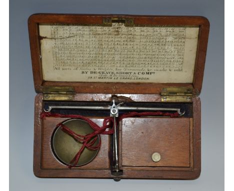 A set of early 19th century diamond scales, by De Grave, Short & Company, London, rounded rectangular mahogany case with hing