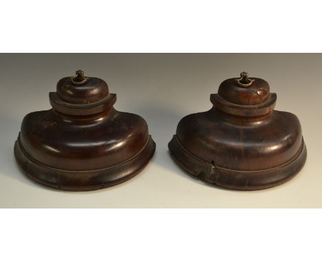A pair of 19th century yew turned bookends, brass axe head handles, 13cm high 
