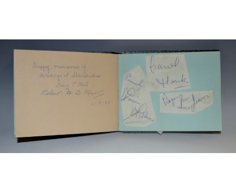 Autograph album 14.5 x 12 cm belonging to Mrs. Heafield of Hare Hill, Boylestone, containing some family autographs 1950-1952