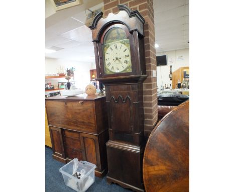 A 19TH CENTURY EIGHT DAY OAK AND MAHOGANY LONGCASE CLOCK BY J BEELAND OF NEWCASTLE, the painted arched dial with eight day mo