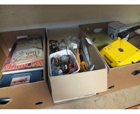 TWO BOXES OF MODEL AIRCRAFT PARTS , ACCESSORIES, & TOOLS TOGETHER WITH A BOX OF AVIATION BOOKS