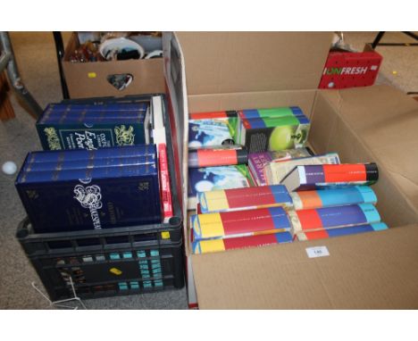 TWO TRAYS OF BOOKS TO INCLUDE A QUANTITY OF HARD BACK HARRY POTTER EXAMPLES