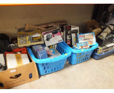 4 BOXES OF ASSORTED TOOLS TO INCLUDE A BOXED POWER DEVIL HOT AIR GUN, ROUTER BIT SET, FLOOD LIGHTS ETC.