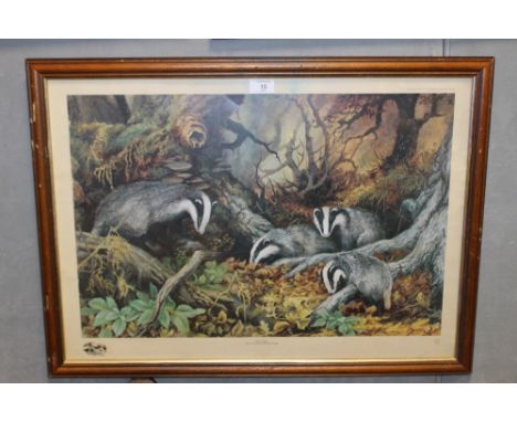 A LTD EDITION PRINT OF BADGERS ENTITLED 'THE FAMILY' BY ELIZABETH HALSTEAD 