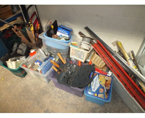 A LARGE QUANTITY OF HAND TOOLS ETC. TO INC DRILL BITS, SCREWS, MEASURING EQUIPMENT ETC