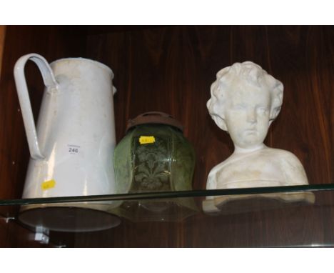 A CERAMIC CHILD BUST, VINTAGE GREEN GLASS LIGHT SHADE + A GALVANIZED JUG (3)  