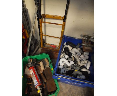 A SACK TRUCK, A BOX OF TOOLS AND A BOX OF PIPE CONNECTORS 