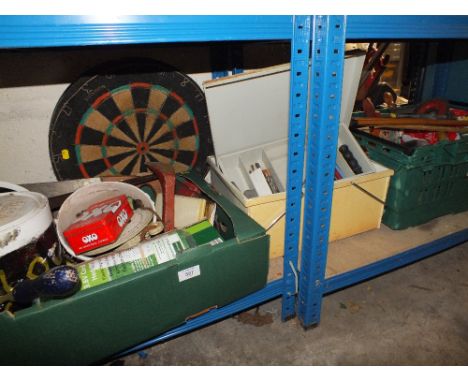 A QUANTITY OF TOOLS ETC TO INC A DARTBOARD, WOOD HANDLED GOLF CLUBS ETC
