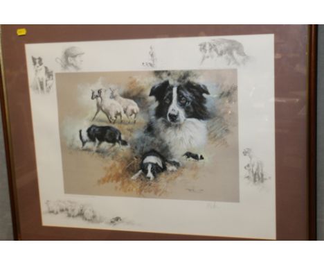 A SIGNED LTD EDITION FRAMED AND GLAZED MICK CAWSTON PRINT DEPICTING SHEEPDOGS