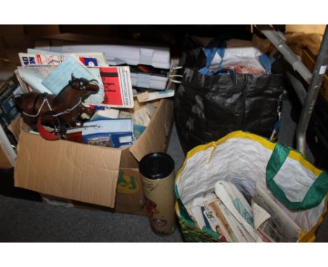 A LARGE QUANTITY OF HOUSEHOLD SUNDRIES ETC TO INCLUDE SEWING PATTERNS, VINTAGE CURTAINS ORDNANCE SURVEY MAPS ETC.