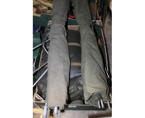 A COLD WAR ERA BRITISH ARMY SLEEPING BAG, SET OF RED COLD WAR ERA BRITISH ARMY GROUND TO AIR RECOGNITION PANELS IN CANVAS BAG
