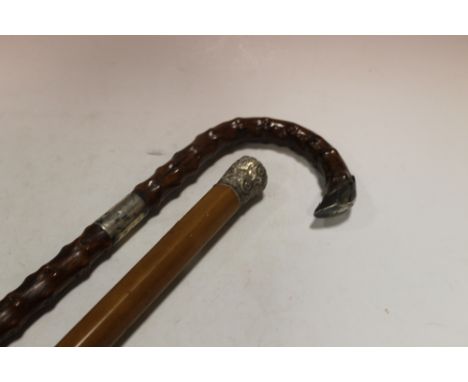 A SILVER TOPPED WALKING CANE TOGETHER WITH A SILVER COLLARED AND ENDED WALKING STICK 