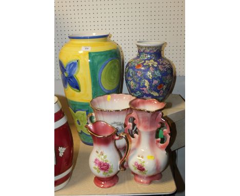 FOUR CERAMIC VASES PLUS A JUG TO INCLUDE AN ORIENTAL EXAMPLE