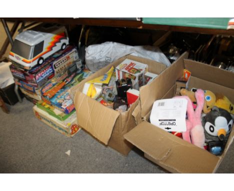 A LARGE QUANTITY OF CHILDRENS TOYS, GAMES ETC TO INCLUDE SCALEXTRIC, THUNDERBIRDS BOARD GAME ETC.