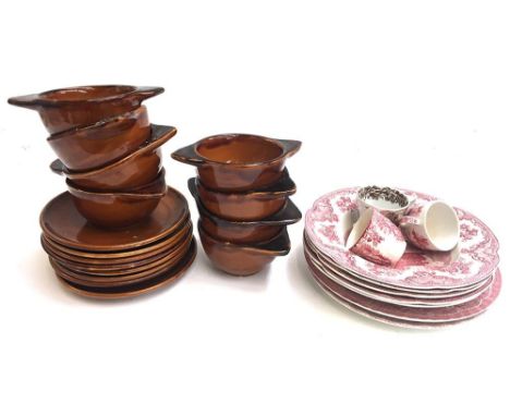 Eight French soup bowls and plates, marked to base; together with a number of Johnson Bros. 'Old Britain Castles' plates; two
