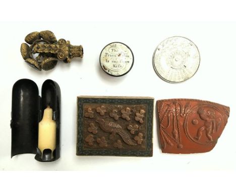 A mixed lot to include an ornate mid 19th century gilt metal rotating wax letter seal (af), intaglios carved from three diffe