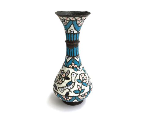 A Moroccan metal and enamel vase, 34cmH 
