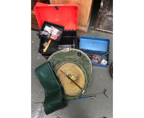 A Malibu tackle box with removable bate trays and various sea fishing lures, nylons, swivels, and Shakespeare tackle box with