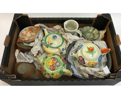 A box of studio pottery including Leach St Ives &amp; Winchcombe, together with three hand-painted teapots, and other items