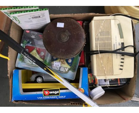 A mixed lot to include a leather cased surveyors tape, dated 1918; a ceramic pot; enamel '6' house number; VW hand warmers; R