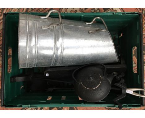 A mixed box to include coal scuttle, trivets, fire tools, and a metal teapot with hemp leaf motif 