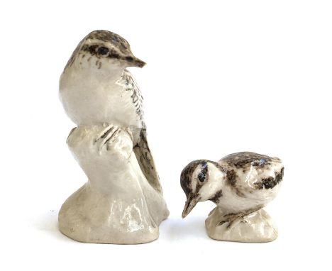 A ceramic sculpture of a great crested grebe chick, together with a  tree creeper, 9cmH 