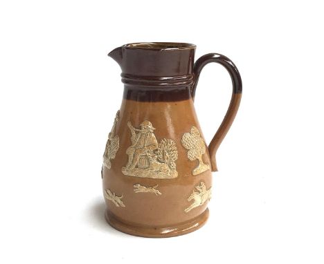 A Royal Doulton stoneware jug depicting a hunting scene in relief, 17cmH, base marked 1133 
