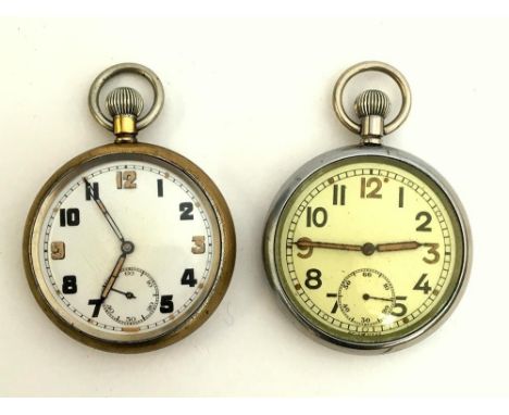 Two military interest pocket watches: the first with yellowed dial with Arabic numerals, orange on the quarters, and subsidia