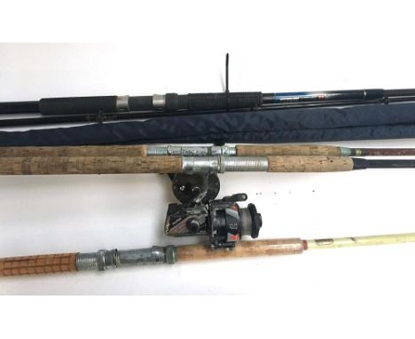 An unbranded boat rod; together with a Silstar ET60 fixed spool reel and line; a Marco Eddistone fibreglass boat rod; a vinta