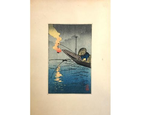 A Hiroshige woodblock print depicting a man fishing in a boat with lantern, 9x14cm 